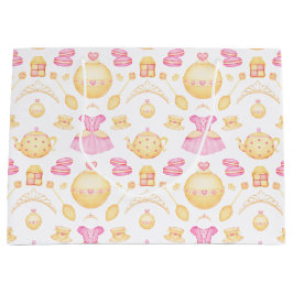 ピンクエレガント&金ゴールド水彩プリンセスティーパーティー ラージペーパーバッグ