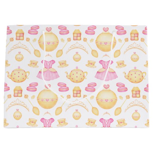 ピンクエレガント&金ゴールド水彩プリンセスティーパーティー ラージペーパーバッグ (正面)