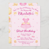 ピンクエレガント&金ゴールド水彩プリンセスティーパーティー 招待状 (正面/裏面)