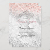 ピンクエレガントSweet sixteenティアラグリッターパーティー  招待状 (正面/裏面)