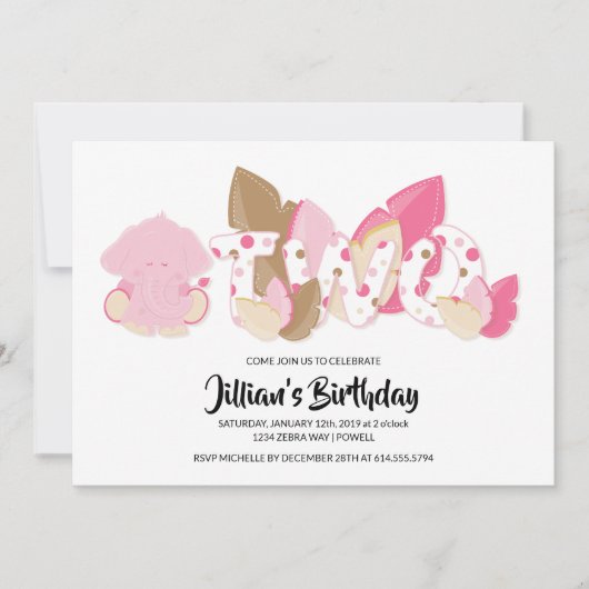 ピンクエレファントの二度目の誕生日パーティーへの招待 招待状 (正面)