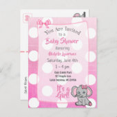 ピンクエレファントガールズベビーシャワー招待状 ポストカード (正面/裏面)