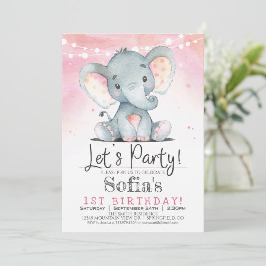 ピンクエレファントガールバースデーパーティーの招待状 招待状 (スタンド正面)