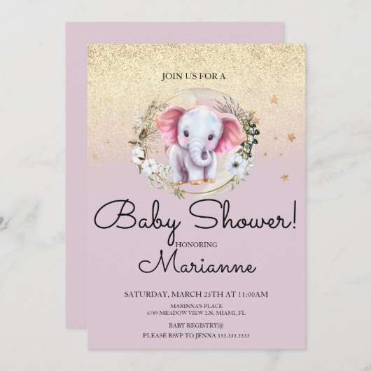 ピンクエレファントガールベビーシャワーフェイク金ゴールドグリッター 招待状 (正面/裏面)