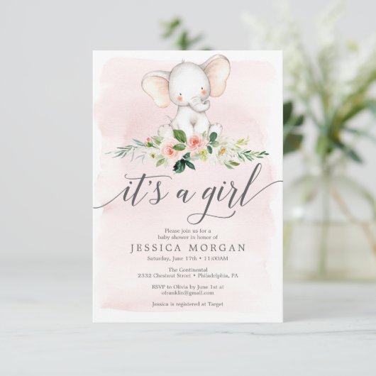 ピンクエレファントガールベビーシャワー招待状カード 招待状 (スタンド正面)