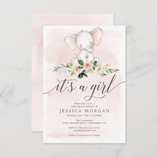 ピンクエレファントガールベビーシャワー招待状カード 招待状 (正面/裏面)