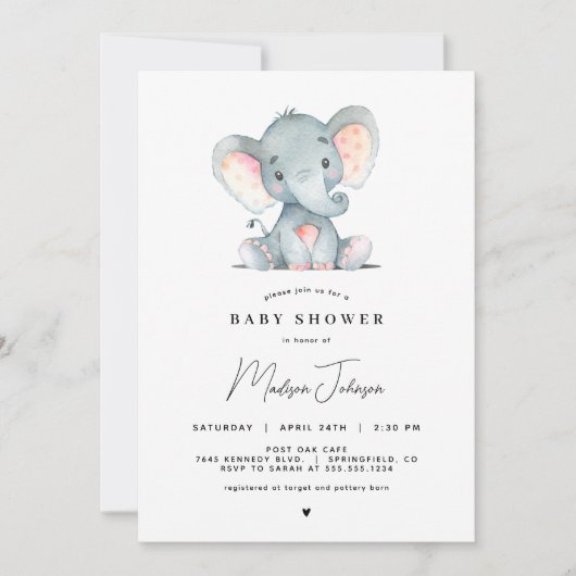 ピンクエレファントガールベビーシャワー招待状 招待状 (正面)