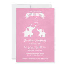 ピンクエレファントガールベビー散水シャワー招待状