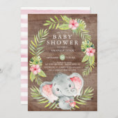 ピンクエレファントガール素朴ベビーシャワー招待状 招待状 (正面/裏面)