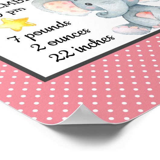 ピンクエレファントガール誕生日統計パーソナライズされた ポスター (角)