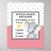 ピンクエレファントガール誕生日統計パーソナライズされた ポスター (正面)