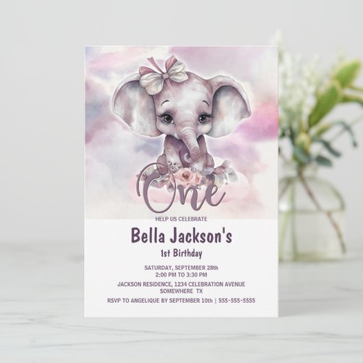 ピンクエレファントガール1st誕生日パーティー 招待状 (スタンド正面)