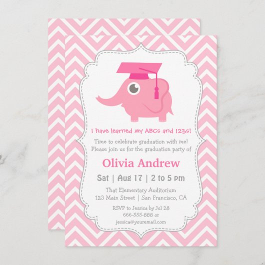 ピンクエレファントキッズ幼稚園卒業パーティー 招待状 (正面/裏面)