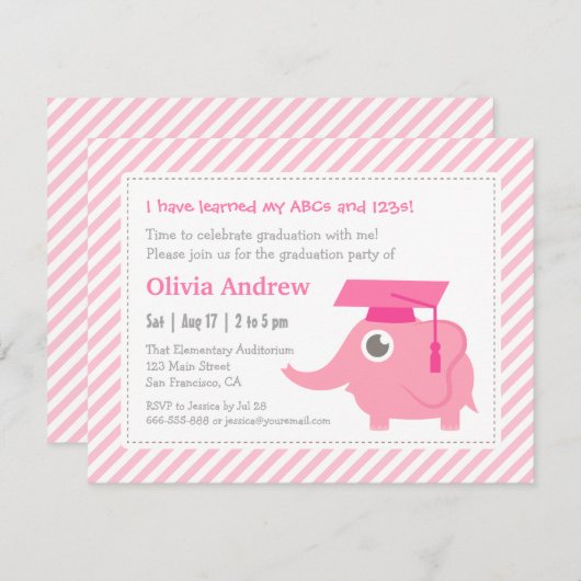 ピンクエレファントキッズ幼稚園卒業パーティー 招待状 (正面/裏面)