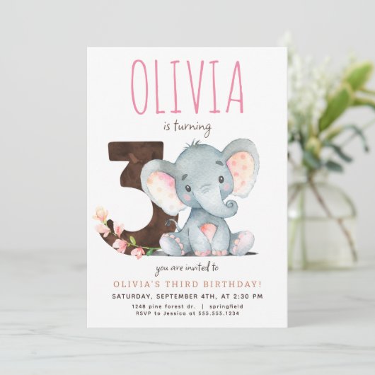 ピンクエレファントサード誕生日招待状 招待状 (スタンド正面)