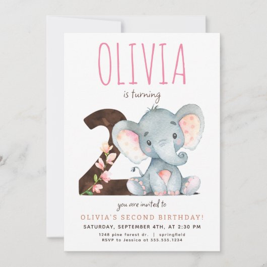 ピンクエレファントセカンド誕生日招待状 招待状 (正面)