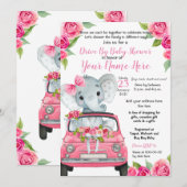 ピンクエレファントドライブバイベビーシャワーバラガール 招待状 (正面/裏面)