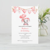 ピンクエレファントバルーンベビーガール誕生日 招待状 (スタンド正面)