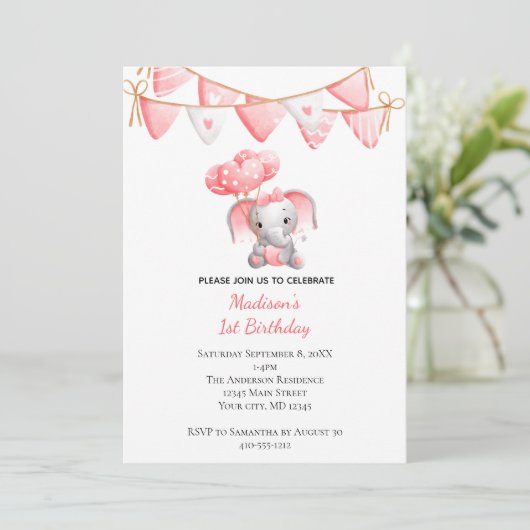 ピンクエレファントバルーンベビーガール誕生日 招待状 (スタンド正面)