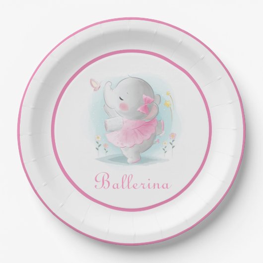 ピンクエレファントバレリーナインアトゥトゥ踊り ペーパープレート (正面)