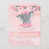 ピンクエレファントファースト誕生日、ピーナッツの女の子 招待状 (正面/裏面)