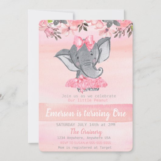 ピンクエレファントファースト誕生日、ピーナッツの女の子 招待状 (正面)