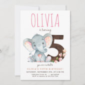 ピンクエレファントフィフス誕生日招待状 招待状 (正面)