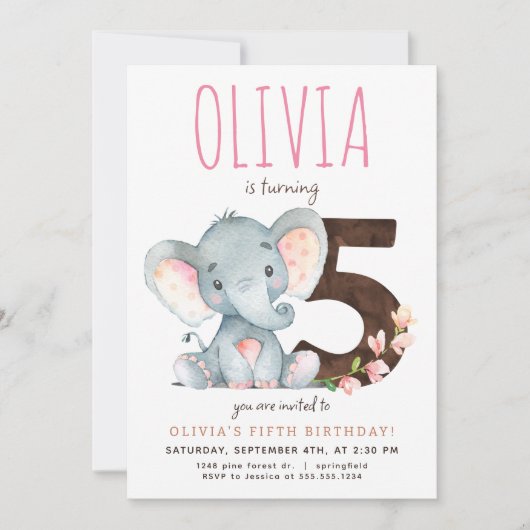 ピンクエレファントフィフス誕生日招待状 招待状 (正面)