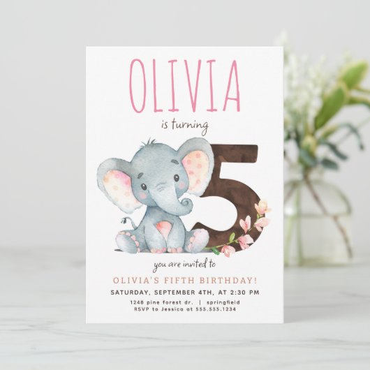 ピンクエレファントフィフス誕生日招待状 招待状 (スタンド正面)