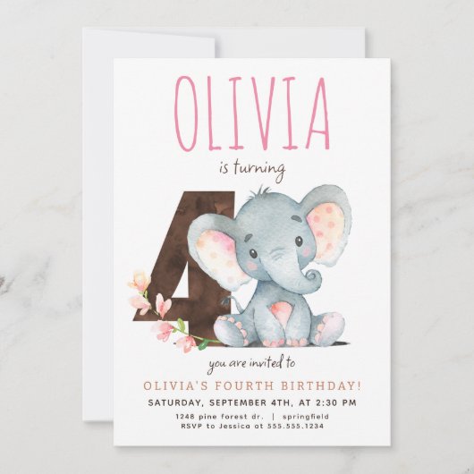 ピンクエレファントフォー誕生日招待状 招待状 (正面)