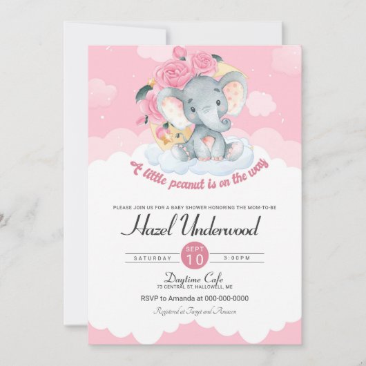 ピンクエレファントフローラガールベビーシャワー招待状 招待状 (正面)