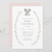 ピンクエレファントフローラ緑の女の子ベビーシャワー 招待状 (正面/裏面)