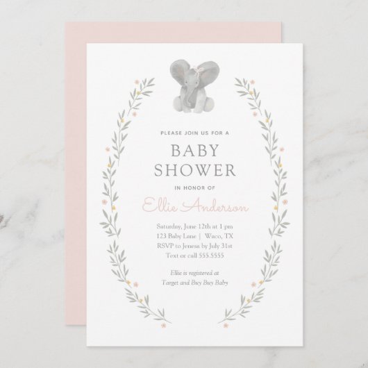 ピンクエレファントフローラ緑の女の子ベビーシャワー 招待状 (正面/裏面)