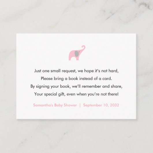 ピンクエレファントブックリクエストカード/ベビー用ブック エンクロージャーカード (正面)