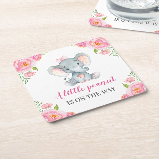 ピンクエレファントベビーガールシャワースプリンクル誕生日 スクエアペーパーコースター (アングル)