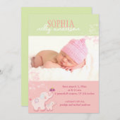 ピンクエレファントベビーガールフォト誕生 案内状 (正面/裏面)