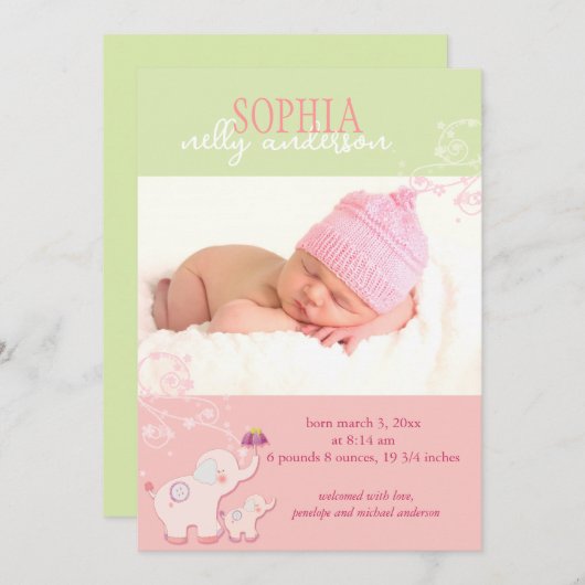 ピンクエレファントベビーガールフォト誕生 案内状 (正面/裏面)