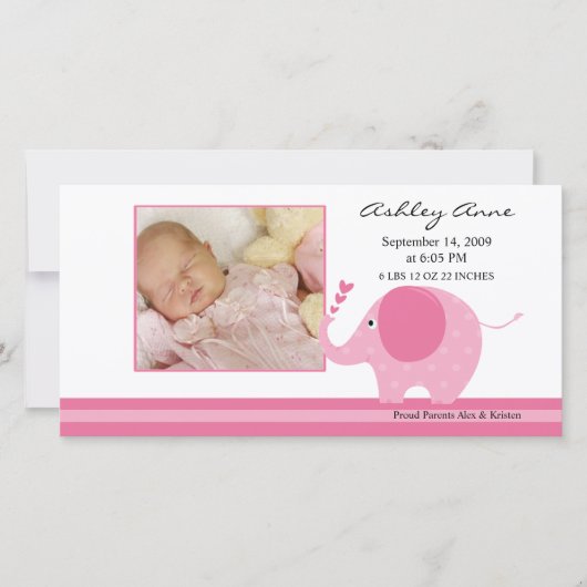 ピンクエレファントベビーガール誕生発表 案内状 (正面)