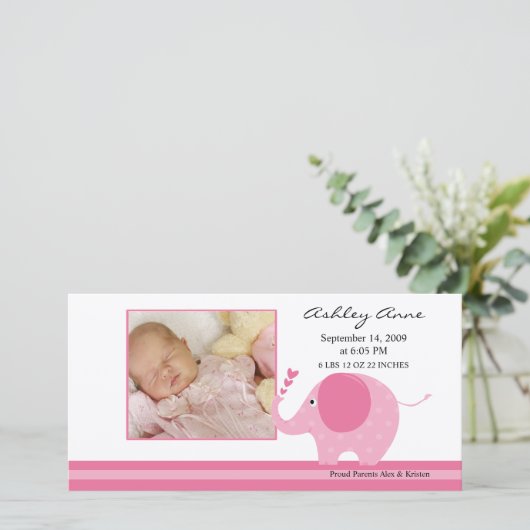ピンクエレファントベビーガール誕生発表 案内状 (スタンド正面)