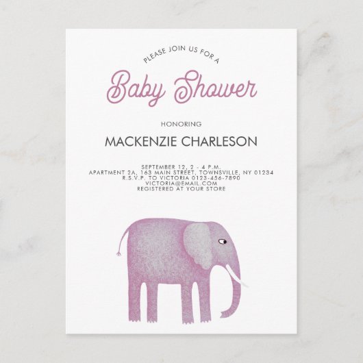 ピンクエレファントベビーシャワー招待状 ポストカード (正面)