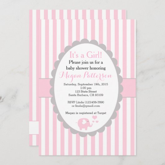 ピンクエレファントベビーシャワー招待状 招待状 (正面/裏面)