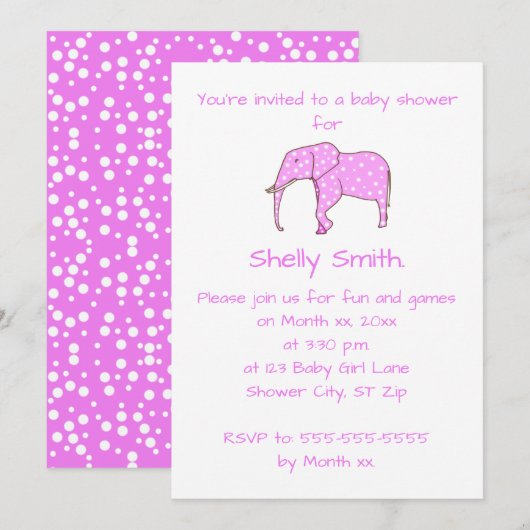 ピンクエレファントホワイトドットベビーシャワー招待状 招待状 (正面/裏面)