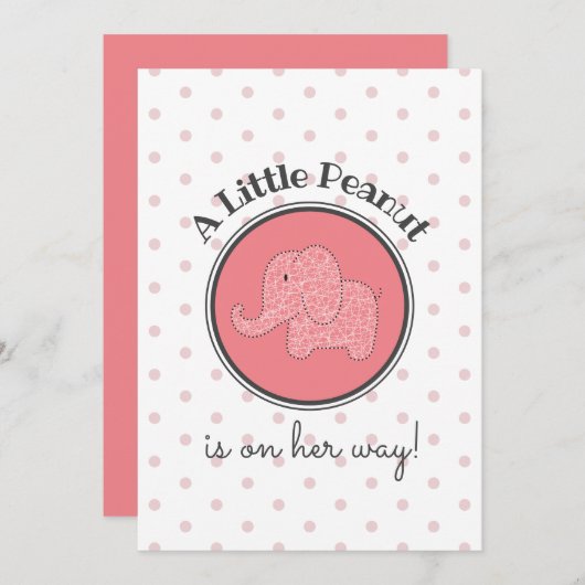 ピンクエレファントリトルピーナッツドットベビーガールシャワー 招待状 (正面/裏面)