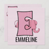 ピンクエレファントレターEモノグラムのバースデーパーティー 招待状 (正面/裏面)