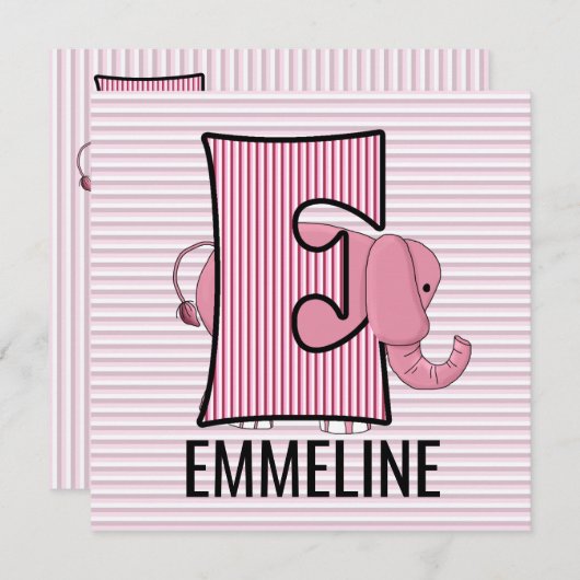 ピンクエレファントレターEモノグラムのバースデーパーティー 招待状 (正面/裏面)