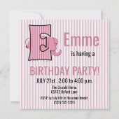 ピンクエレファントレターEモノグラムのバースデーパーティー 招待状 (裏面)