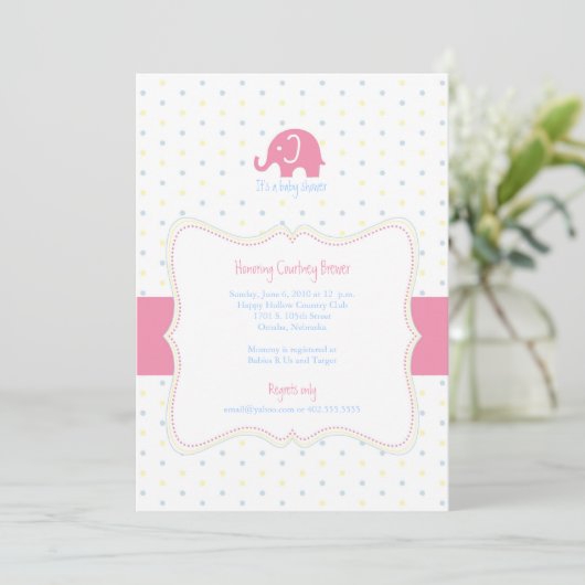 ピンクエレファント多彩水玉模様ベビーシャワーインヴィ 招待状 (スタンド正面)