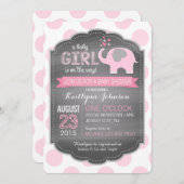 ピンクエレファント&ドットベビーシャワー招待状 招待状 (正面/裏面)