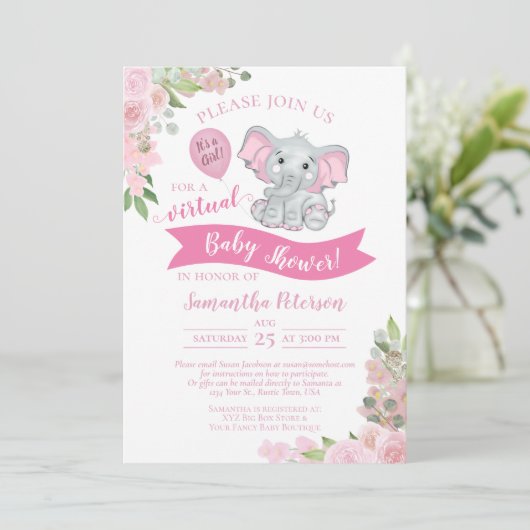 ピンクエレファント&フローラバーチャルベビーガールシャワー 招待状 (スタンド正面)
