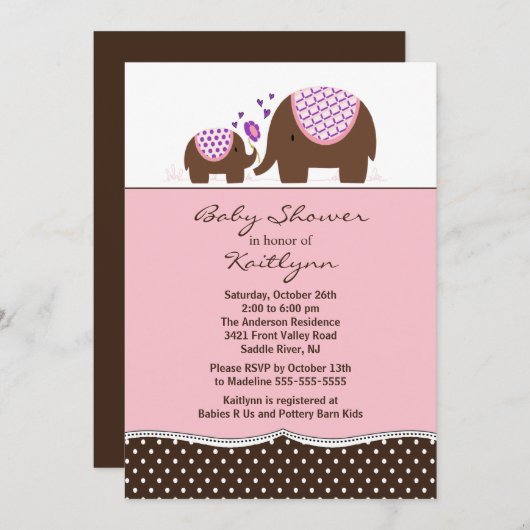 ピンクエレファント&ベビーベビーシャワー招待状 招待状 (正面/裏面)